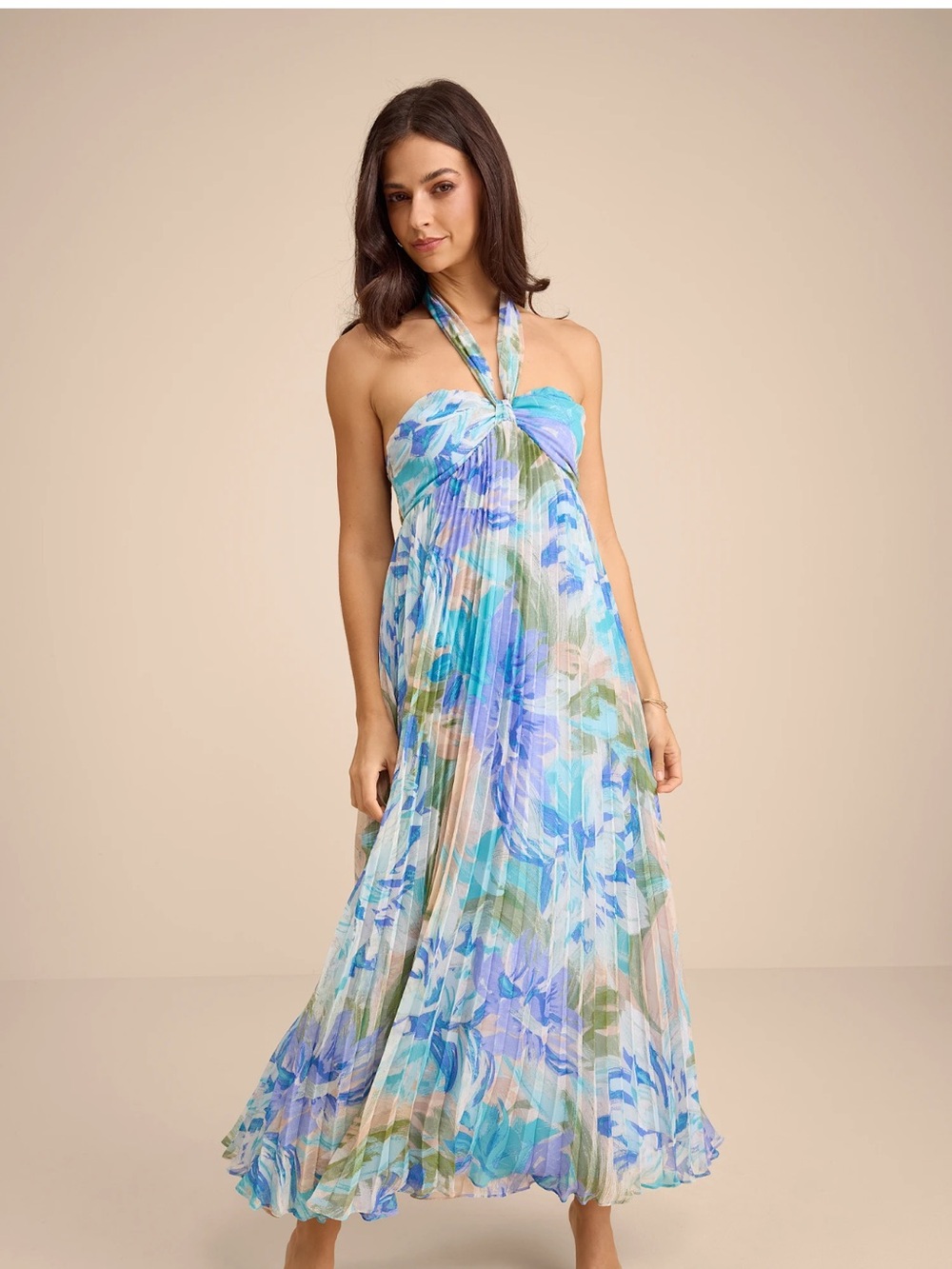 Lulus Aminah Blue Multi Floral Pleated Halter Dress